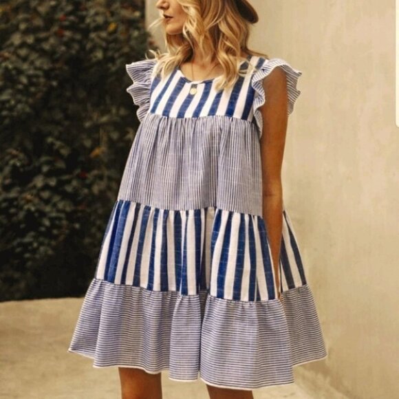 Hampton Vertical Blue Striped Babydoll Dress - Picture 6 of 12